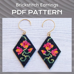 Rote Blumen Brick Stich Ohrringe PDF Muster, Florale Raute Ohrringe Muster, Miyuki Delica Diamantförmige Perlen Ohrringe Muster