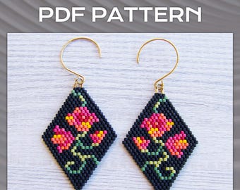Red Flowers Brick Stitch Earrings PDF pattern, Floral Rhombus earrings pattern, Miyuki Delica Diamond Shaped Beaded earrings pattern