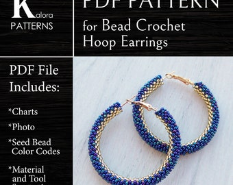 Bead crochet hoop earrings pattern, DIY Ombre gold blue hoops pattern, Large Hoop Earrings PDF files, Beaded Shiny earrings PDF