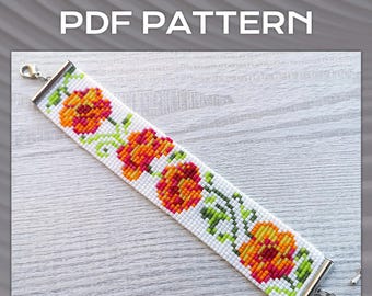 Flower print bracelet pattern, Floral Loom Bead Pattern, Miyuki Delica Bracelet PDF Pattern, PDF Beading wrist cuff instant download