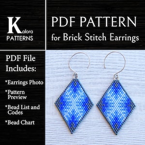 Blue Shades Rhombus Earrings Brick Stitch pattern, Miyuki Delica Diamond Shaped Beaded Earrings pattern, Boho blue ombre gradient pattern