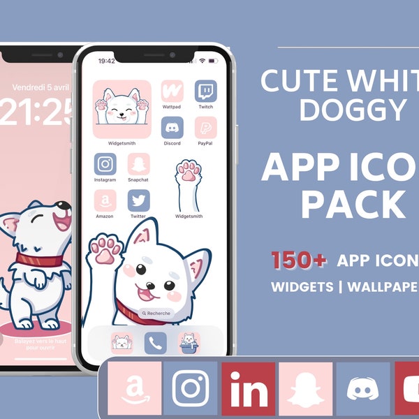 Cute White Dog App Icon Set | 150+ icons + matching wallpapers + bonus widgets | Pastel pink and blue theme | Kawaii Aesthetic Phone |