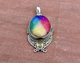 Colgante de cuarzo solar arco iris y citrino hecho con plata de ley 925, regalo de joyería de cuarzo arco iris de plata hecho a mano para ella, cuarzo arco iris