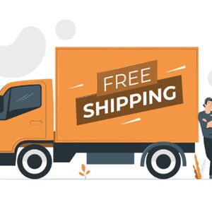 May include: An orange delivery truck with the words "FREE SHIPPING" on the side. A person in a dark blue shirt and pants is leaning against the truck. The background is white with a few abstract shapes.