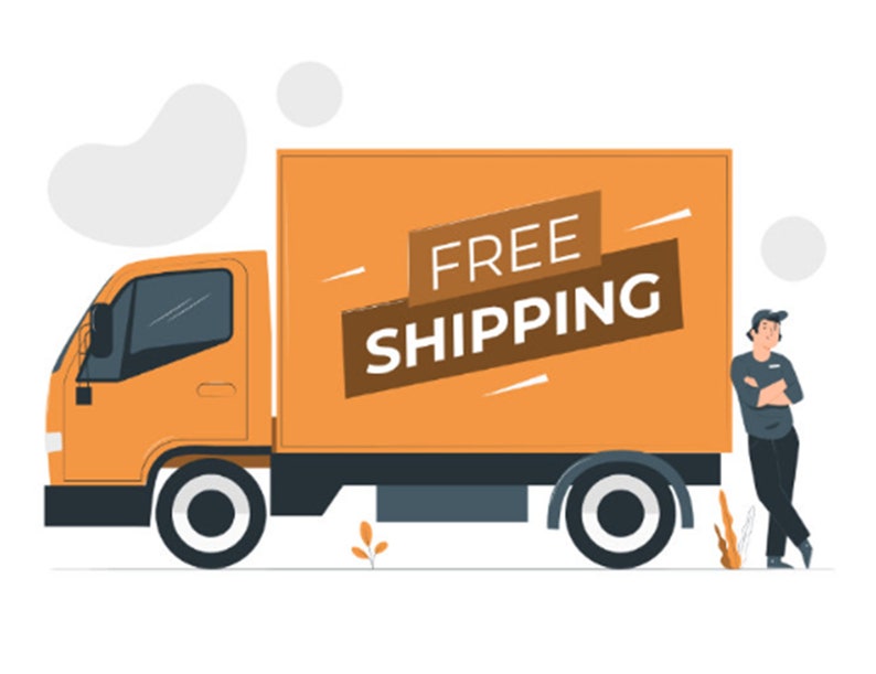 May include: An orange delivery truck with the words "FREE SHIPPING" on the side. A person in a dark blue shirt and pants is leaning against the truck. The background is white with a few abstract shapes.