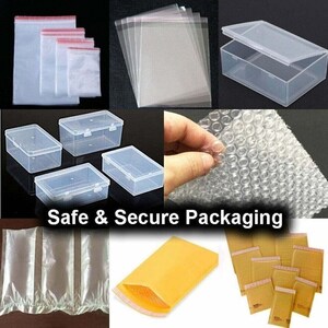 May include: A collection of packaging supplies, including clear plastic zip-top bags, clear plastic boxes, bubble wrap, and padded envelopes. The image also includes the text "Safe & Secure Packaging".