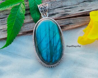 Blue Fire Labradorite Gemstone Handmade 925 Sterling Silver Pendant, Antique Labradorite Jewelry Pendant Gift For mother's Day Gift