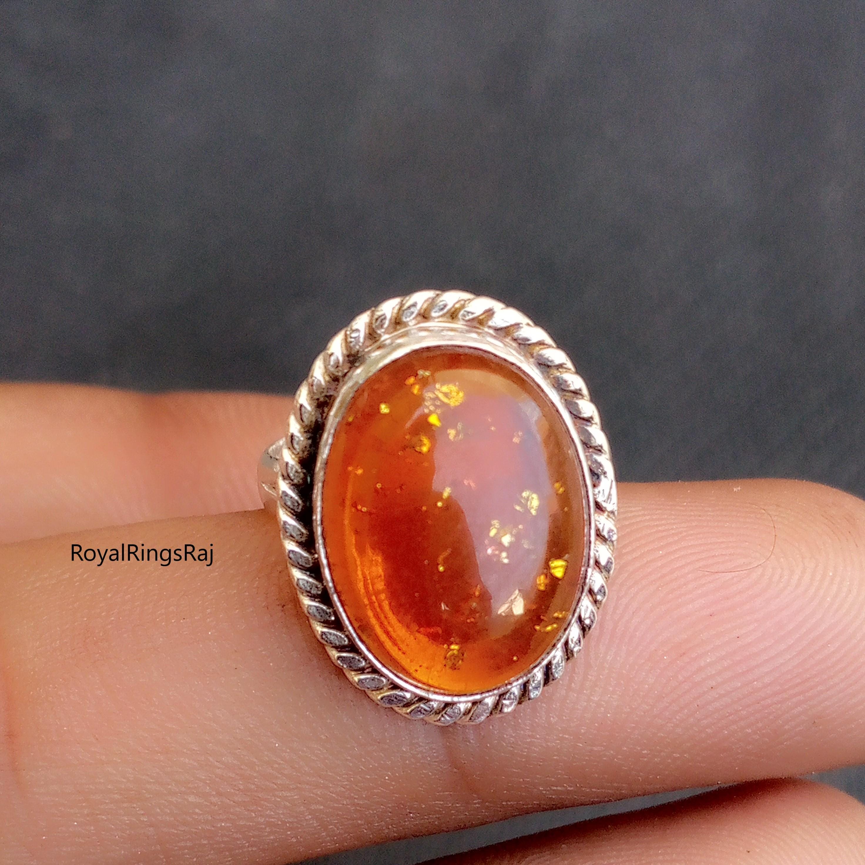 Vintage Orange Amber Gemstone Ring, 925 Sterling Silver, Handmade