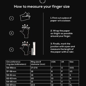 May include: Black and white graphic illustrating how to measure finger size for rings. Instructions include cutting paper, wrapping it around the finger, and measuring. A chart provides ring size conversions for USA, UK, and size.
