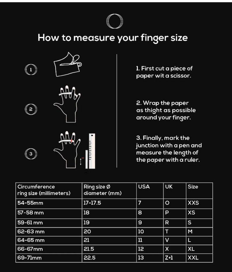 May include: Black and white graphic illustrating how to measure finger size for rings. Instructions include cutting paper, wrapping it around the finger, and measuring. A chart provides ring size conversions for USA, UK, and size.