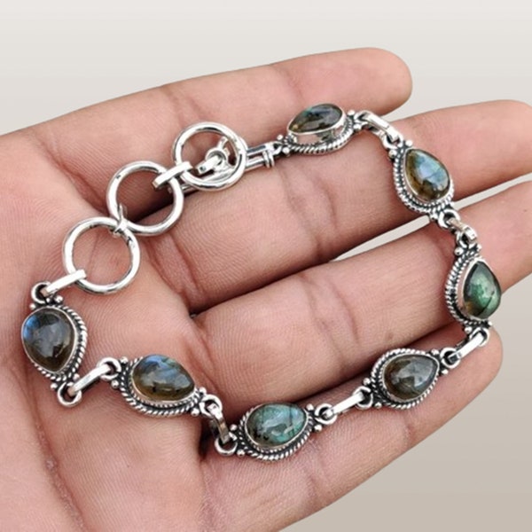 Natural Labradorite Bracelet, 925 Sterling Silver, Pear Shape Bracelet, Gemstone Bracelet, Handmade Bracelet, Labradorite Jewelry