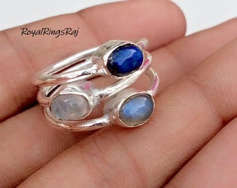 Lapis Lazuli, Rainbow Moonstone& Labradorite Ring, Statement -Handmade Ring, 925 Sterling Silver, 3 Gemstone Rings, Oval Shape Ring
