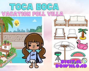 Villa de vacaciones con piscina de papel en Toca Boca (todos los artículos) / Páginas de libros tranquilos / Manualidades de papel para imprimir