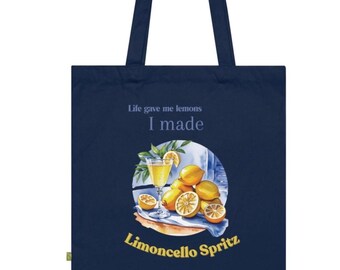 Bolsa de algodón orgánico con estampado de limón y limoncello, bolsa de compras de verano sostenible con un diseño fresco.