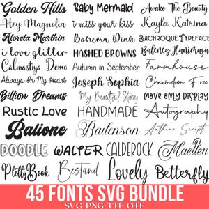 Pode incluir: Um conjunto de 45 fontes em um pacote SVG em preto e branco. As fontes são exibidas em uma variedade de estilos, incluindo script, manuscrito e negrito. O texto "45 FONTS SVG BUNDLE" é exibido na parte inferior da imagem. O texto "SVG+PNG+TTF+OTF" é exibido abaixo do nome do pacote.
