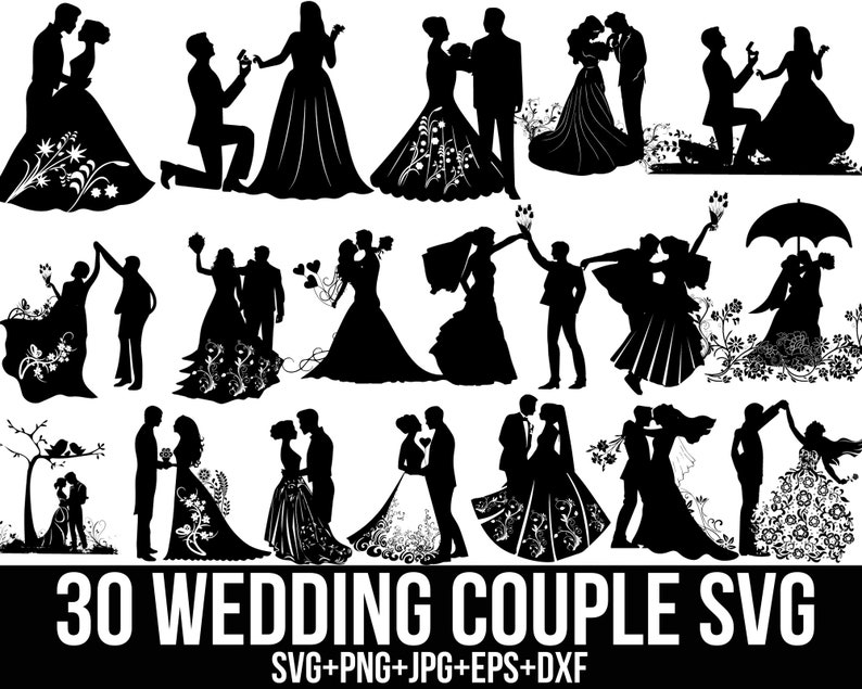 May include: A set of 30 black and white wedding couple SVG cut files. The images depict various poses of couples in wedding attire.