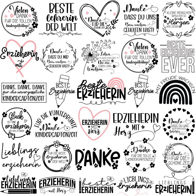 Peut inclure: Illustrations en noir et blanc de diff&eacute;rentes phrases li&eacute;es aux enseignants et aux &eacute;ducateurs. Les phrases incluent "Meilleur enseignant du monde", "Merci pour le merveilleux temps pass&eacute; &agrave; la maternelle", "Meilleur enseignant de tous les temps" et "Enseignant avec c&oelig;ur".