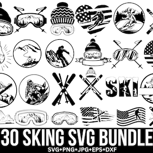 Pacchetto SVG Sci, Sci PNG, Casco da sci SVG, Sport invernali SVG, Occhiali da sci SVG, Fiocco di neve SVG, Scarponi da sci SVG, File di taglio per Cricut, Silhouette