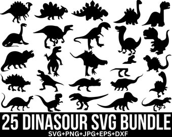 May include: A set of 25 black and white dinosaur silhouette SVG files. The file bundle includes SVG, PNG, JPG, EPS, and DXF formats.