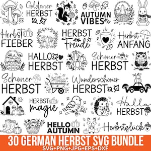 Può includere: Una collezione di illustrazioni in bianco e nero a tema autunnale, tra cui zucche, funghi, scoiattoli e frasi di testo come "Autumn Vibes" e "Hello Autumn". L'immagine include anche il testo "30 GERMAN HERBST SVG BUNDLE."