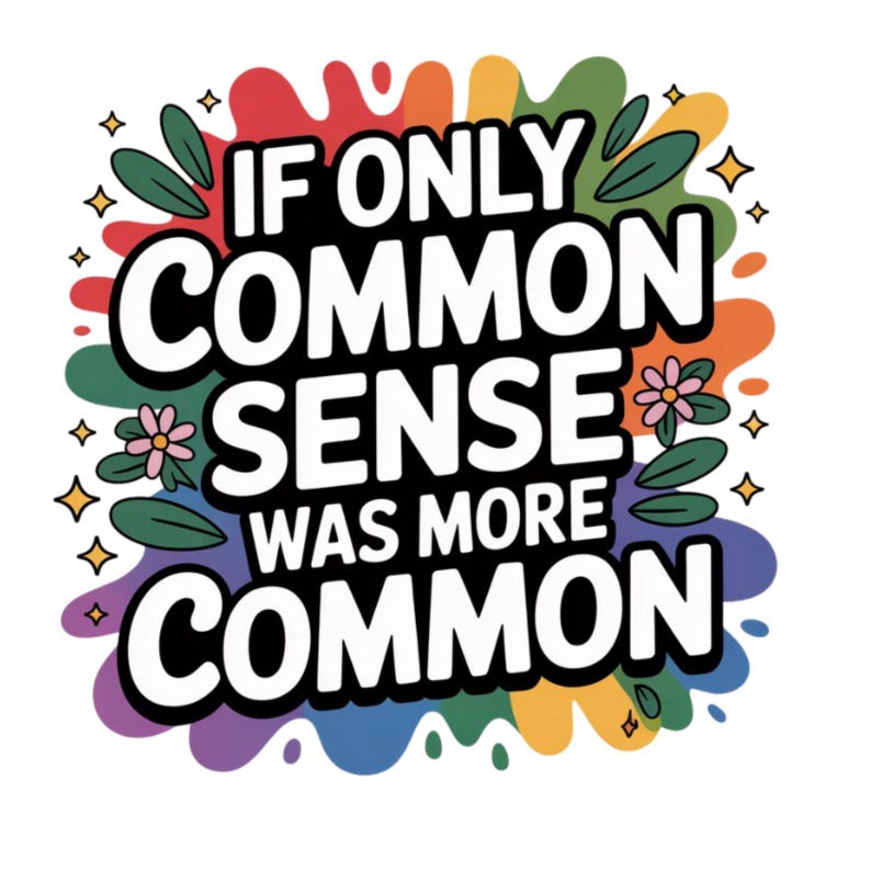 May include: A colorful graphic with the text "IF ONLY COMMON SENSE WAS MORE COMMON" in bold white letters. The text is set against a black background, surrounded by a vibrant array of colors, leaves, flowers, and stars.