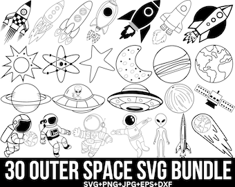 Pacchetto di pianeti dello spazio esterno in formato SVG, pianeti SVG, galassie SVG, razzi SVG, astronavi SVG, lune SVG, sistema solare SVG, da tagliare con Cricut e Silhouette.