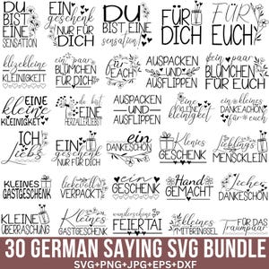 Op de afbeelding: Een zwart-wit grafisch ontwerppakket met 30 Duitse spreuken. De spreuken worden weergegeven in een rasterformaat met een witte achtergrond. De spreuken omvatten "Du bist eine Sensation", "Ein Geschenk nur für dich", "Für dich", "Für euch", "Eine kleine Kleinigkeit", "Ich liebe dich", "Kleines Gastgeschenk", "Kleine Überraschung", "Kleines Gastgeschenk", "Ein paar Blümchen für dich", "Für dich", "Auspacken und Ausflippen", "Ein kleines Dankeschön für euch", "Lieblings Mensklein", "Ein Geschenk", "Handgemacht", "Jicher Dankeschön", "Wunderschöne Feiertag", "Kleines mit Bringsel", "Für das Traumpaar".