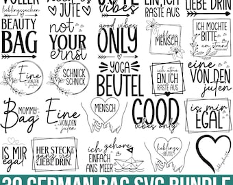 Puede incluir: Un conjunto de 30 diseños SVG para bolsas alemanas en blanco y negro. Los diseños presentan varias frases e ilustraciones, que incluyen "Jute Vibes", "Good Vibes Only", "Yoga Beutel", "Schnick Schnack", "Eine von den Juten" y "Mommy Bag".