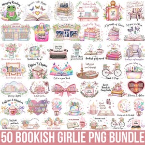 Puede incluir: Una colección de 50 imágenes PNG de acuarela con temática de libros. Las imágenes incluyen libros, tazas de té, mariposas y texto como "Bookish Girlie", "Caffeine & Chapters" y "Shelf of Dreams". La paleta de colores es suave y pastel.