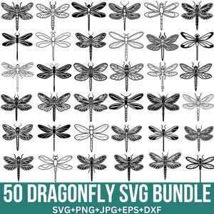 May include: A set of 50 black and white dragonfly SVG cut files. The dragonflies are in various poses and designs. The text "50 DRAGONFLY SVG BUNDLE" is at the bottom of the image. The text "SVG+PNG+JPG+EPS+DXF" is below the bundle text.