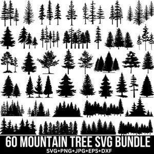 Könnte beinhalten: Eine Sammlung von 60 schwarzen Bergbaum-SVG-Designs. Das Bild zeigt verschiedene Silhouetten von Kiefern, Tannen und anderen immergrünen Bäumen. Der Text unten lautet "60 MOUNTAIN TREE SVG BUNDLE" mit Dateitypoptionen.
