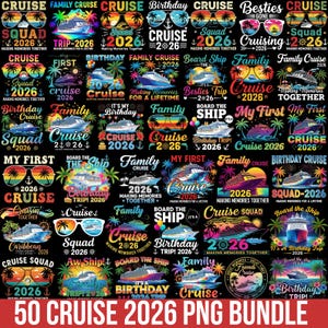Può includere: Una collezione di grafiche a tema crociera con testo come "Cruise 2026", "Family Cruise" e "Birthday Trip". I disegni includono navi da crociera, occhiali da sole ed elementi tropicali, perfetti per l'arte digitale o il merchandising.
