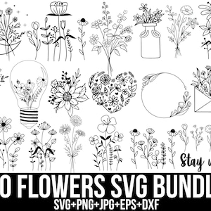 Pacote de flores Svg, flores silvestres Svg, Stay Wild Svg, citações de flores silvestres Svg, botânico Svg, moldura floral Svg, floral Svg, para Cricut, silhueta