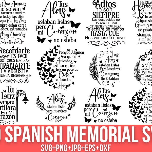 10 Spanish Memorial Bundle, Memorial Lantern svg, Remembrance svg, Tus Alas estaban listas, Recordarte es fácil, Svg for Cricut, silhouette