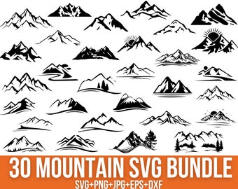 May include: A set of 30 black and white mountain silhouette SVG files. The mountains are in various styles and sizes, including peaks, ranges, and single mountains. The text "30 MOUNTAIN SVG BUNDLE" is at the bottom of the image.  SVG+PNG+JPG+EPS+DXF