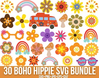 Boho hippie svg-paket, retro prästkragesvg, retro blommasvg, groovy svg, boho hippie clipart, groovy skjortasvg, retro svg, Cricut, silhuett