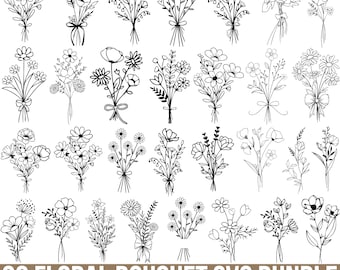May include: A set of 30 black and white floral bouquet illustrations. The bouquets are drawn in a simple, minimalist style and feature a variety of flowers, including daisies, roses, and wildflowers. The illustrations are perfect for use in digital projects, such as website design, social media graphics, and printable art.