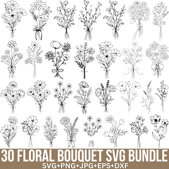 Floral Bouquet Svg Bundle, Bouquet Png, Cute Bouquet, Flower Svg, Botanical Svg, Wild Flowers, Wedding Svg, Floral For Cricut, Silhouette