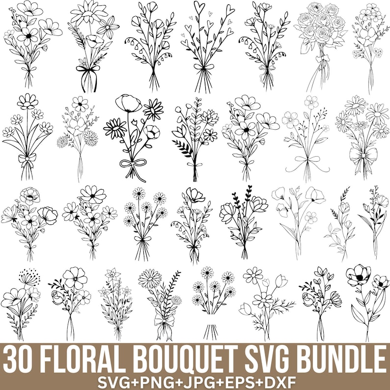 May include: A set of 30 black and white floral bouquet illustrations. The bouquets are drawn in a simple, minimalist style and feature a variety of flowers, including daisies, roses, and wildflowers. The illustrations are perfect for use in digital projects, such as website design, social media graphics, and printable art.