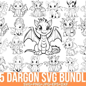 Bundle Svg Dragon, Svg Dragon mignon, quatrième aile, Svg tête de dragon, Svg animal, Svg Dragon pour enfants, Dragon floral, Clipart Dragon, Cricut