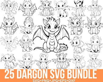 May include: A set of 25 black and white line art dragon illustrations. The dragons are in various poses, some with wings spread, some with wings folded, and some with their mouths open. The illustrations are perfect for use in crafting projects, scrapbooking, or digital design.