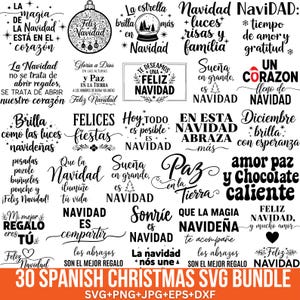 Puede incluir: Un conjunto de 30 diseños SVG de Navidad en español. Los diseños presentan frases y palabras festivas como "Feliz Navidad", "Paz" y "Sueña en grande", junto con gráficos navideños. El paquete incluye archivos SVG, PNG, JPG, EPS y DXF.