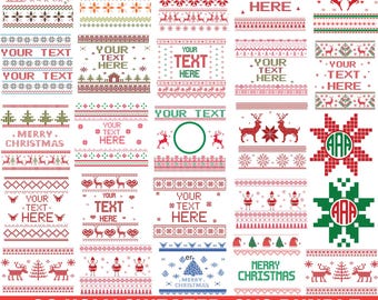 May include: A set of 30 digital designs featuring ugly Christmas sweater patterns. The designs include various holiday themes, such as reindeer, snowflakes, and Christmas trees. The designs are in a pixelated style, reminiscent of traditional knitted sweaters. The text "30 UGLY SWEATER SVG BUNDLE" is displayed at the bottom of the image.