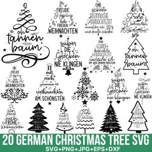 May include: A collection of twenty black and white digital graphic designs featuring Christmas tree shapes formed by German holiday phrases and festive symbols like stars, snowflakes, and bells, with the text 20 GERMAN CHRISTMAS TREE SVG at the bottom.