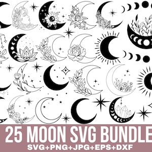 Maan Svg-bundel, Floral Moon Svg, maan en sterren Svg, Mystic Celestial Svg, bloem Svg, wassende maan Svg, Moon Star Svg, Sky Cut For Cricut