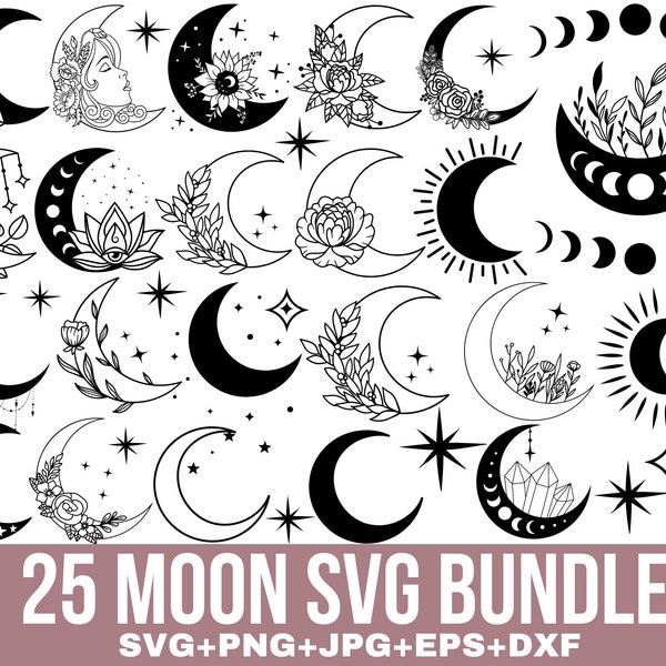 Moon SVG Bundle, Floral Moon svg, Mystic Celestial Svg, Moon and Stars SVG, Crescent Moon Svg, Cut File for Cricut, Silhouette