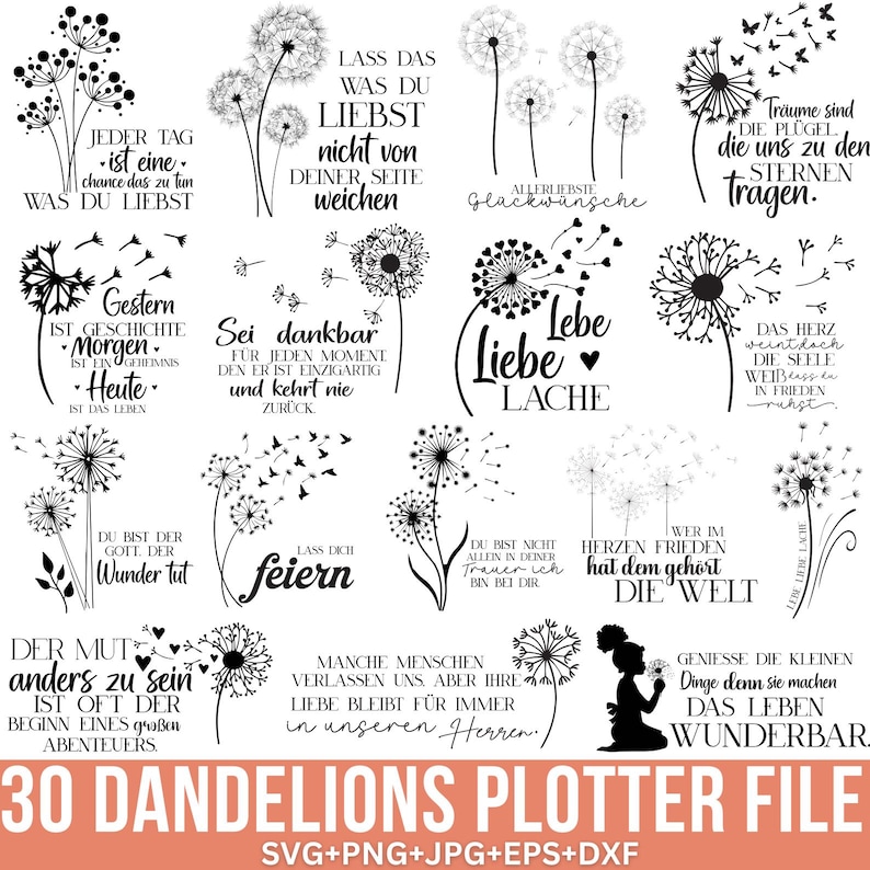 German Dandelions Svg Bundle, Dandelions Quotes, Dandelions Svg, Plotter file Svg, German Svg, Motivational Sayings, Floral Svg, For Cricut image 1