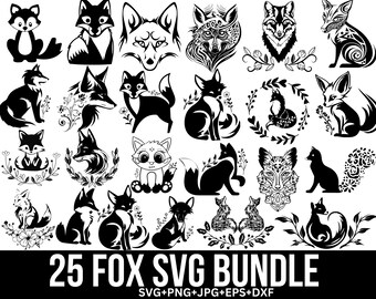 Fox Svg Bundle, Fox Face Svg, Fox Mascot Svg, Black Animal Design, Fox lover Svg, Fox png, Wild Fox Illustration, Cut for Cricut, Silhouette