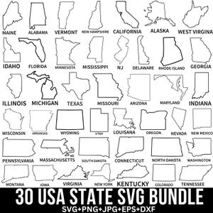 USA Staten Svg bundel, eenvoudige staat contouren, kaart van de Verenigde Staten van Amerika, alle 50 staten overzicht Svg, Californië Svg, Texas Svg, voor Cricut