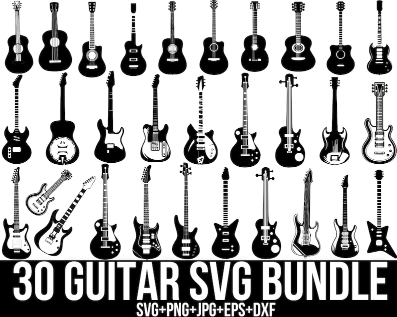 May include: A collection of 30 black guitar silhouettes in various styles, including acoustic and electric models. The image includes the text "30 GUITAR SVG BUNDLE" with file type information below.